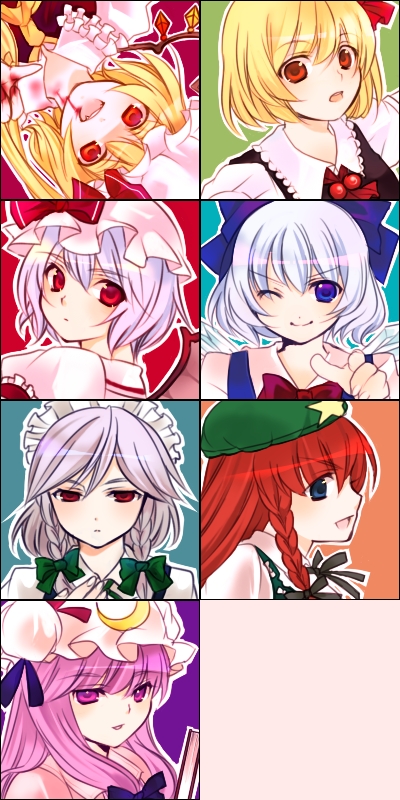 n-mix, cirno, flandre scarlet, hong meiling, izayoi sakuya, patchouli knowledge, remilia scarlet, rumia, embodiment of scarlet devil, touhou, silver hair, bad id, bad pixiv id, 6+girls, beret, blonde hair, blue eyes, blush, braid, crescent, female focus, frills, hat, long hair, maid headdress, mob cap, multiple girls, purple eyes, purple hair, red eyes, red hair, short hair, star (symbol), tareme, twin braids, very long hair, wings