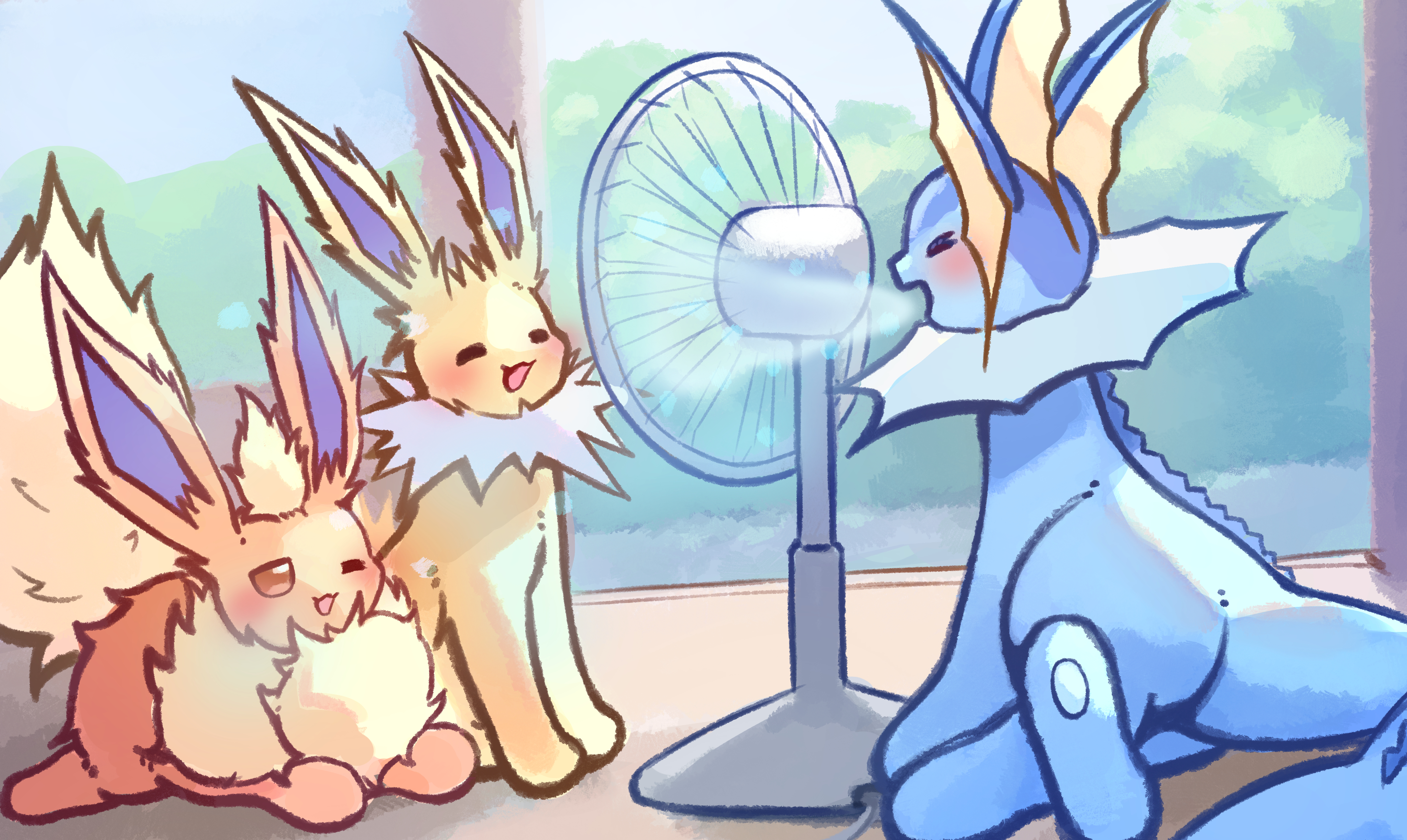 illustrattyako, flareon, jolteon, vaporeon, nintendo, pokemon, absurdres, commentary request, highres, :3, = =, animal focus, blush, electric fan, fins, gen 1 pokemon, head fins, no humans, one eye closed, open mouth, pokemon (creature), pokemon focus, smile