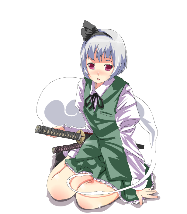 kazuha nanako, nanako (artist), konpaku youmu, konpaku youmu (ghost), touhou, bad id, bad pixiv id, 1girl, blush, female focus, hitodama, katana, kneeling, red eyes, sheath, sheathed, short hair, solo, sword, weapon