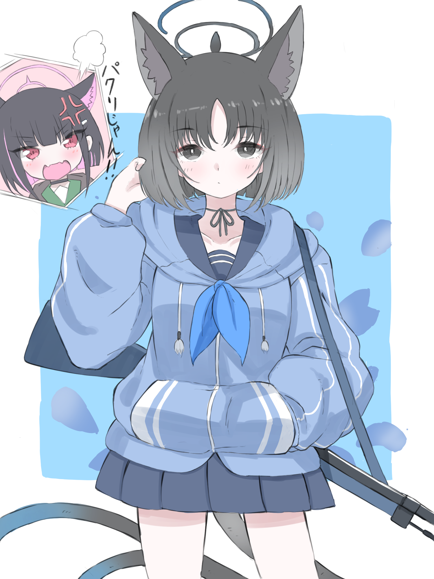 norippe (user zgsf8872), kazusa (blue archive), kikyou (blue archive), blue archive, commentary request, highres, 2girls, anger vein, animal ear fluff, animal ears, arisaka, black hair, blue background, blue jacket, blue neckerchief, blue sailor collar, blue skirt, bolt action, cat ears, cat girl, cat tail, closed mouth, drawstring, gradient hair, green sailor collar, grey eyes, grey hair, gun, halo, hand up, hood, hood down, hooded jacket, jacket, long sleeves, multicolored hair, multiple girls, multiple tails, neckerchief, parted bangs, petals, pink hair, pleated skirt, puffy long sleeves, puffy sleeves, red eyes, rifle, sailor collar, school uniform, serafuku, short hair, skirt, solo focus, tail, two-tone background, two-tone hair, two tails, weapon, white background