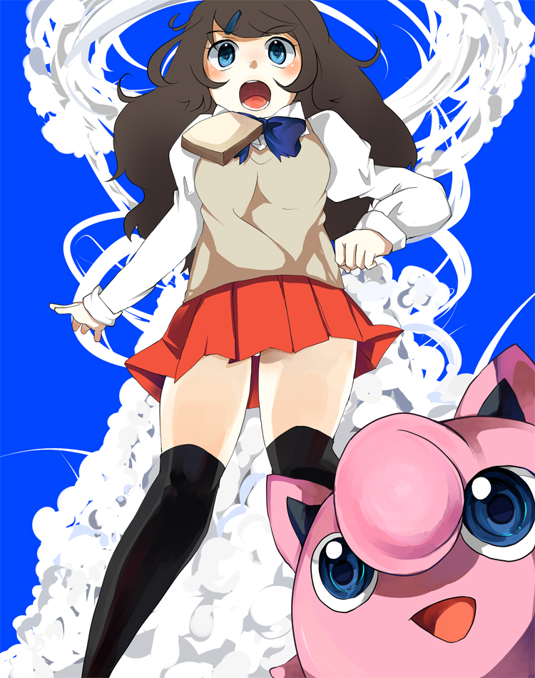 yoshi kichi, jigglypuff, nintendo, pokemon, bad id, bad pixiv id, 1girl, blue eyes, blush, bread, brown hair, food, gen 1 pokemon, hair ornament, hairclip, kneehighs, long hair, npc trainer, pokemon (creature), school uniform, serafuku, socks, thighhighs