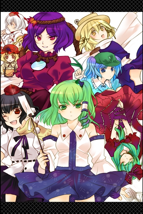 n-mix, aki minoriko, aki shizuha, inubashiri momiji, kagiyama hina, kawashiro nitori, kochiya sanae, moriya suwako, shameimaru aya, yasaka kanako, mountain of faith, touhou, bad id, bad pixiv id, 6+girls, black hair, blonde hair, blue hair, female focus, front ponytail, green hair, hat, japanese clothes, long hair, miko, multiple girls, ribbon, rope, short hair, two side up, white hair