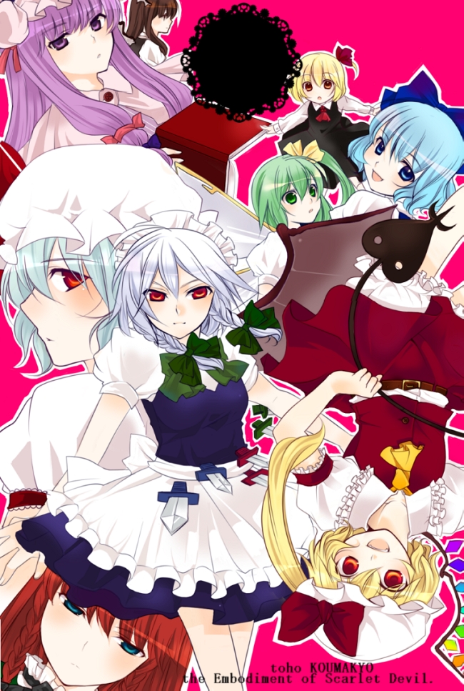 n-mix, cirno, daiyousei, flandre scarlet, hong meiling, izayoi sakuya, koakuma, patchouli knowledge, remilia scarlet, rumia, embodiment of scarlet devil, touhou, 6+girls, blonde hair, blue hair, braid, female focus, green hair, hat, long hair, maid, mob cap, multiple girls, ponytail, red eyes, red hair, ribbon, short hair, skirt, smile, twin braids, twintails, white hair