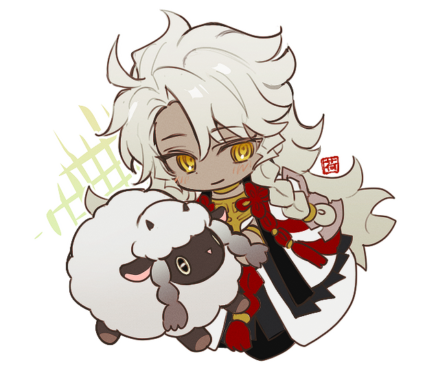solomon (fate), wooloo, fate/grand order, fate (series), nintendo, pokemon, 1boy, artist name, blush, braid, chibi, closed mouth, crossover, dark-skinned male, dark skin, flower knot, full body, gen 8 pokemon, long hair, male focus, myg 8028, pokemon (creature), sheep, side braid, simple background, single braid, smile, solo, tassel, very long hair, white background, white hair, yellow eyes