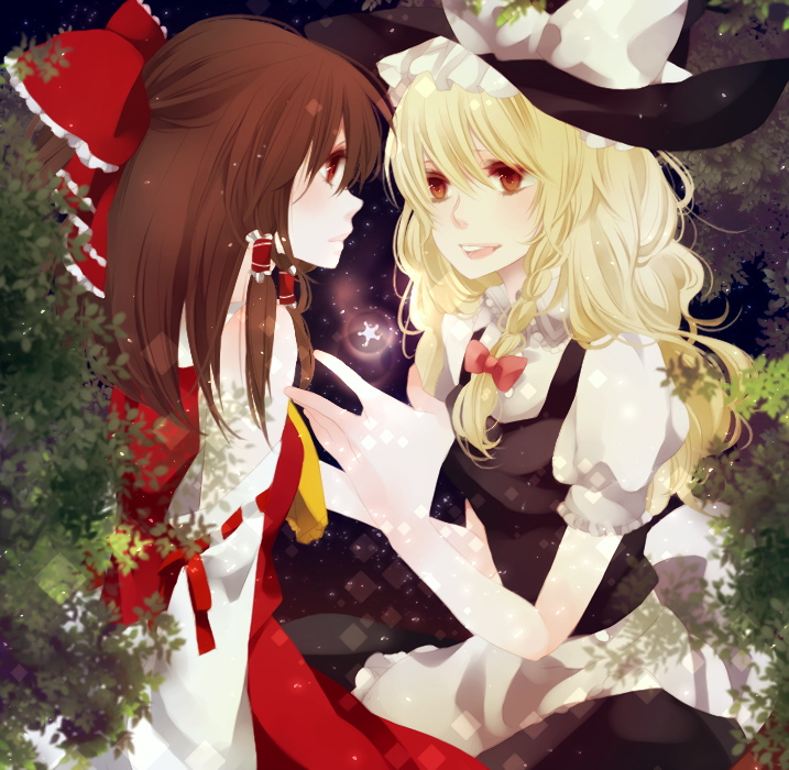 moruko, hakurei reimu, kirisame marisa, touhou, bad id, bad pixiv id, 2girls, bad anatomy, bad hands, blonde hair, braid, brown hair, female focus, hair ribbon, hat, multiple girls, poorly drawn, red eyes, ribbon, shoujo manga, witch, witch hat, yuri