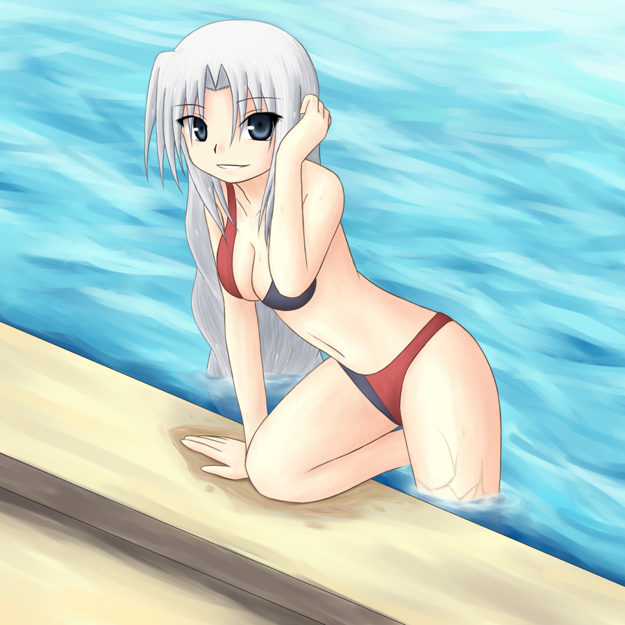 ni (2shi), ni (ippozenshin), yagokoro eirin, touhou, bad tag, 1girl, bikini, blue eyes, female focus, long hair, solo, swimsuit, wet, white hair