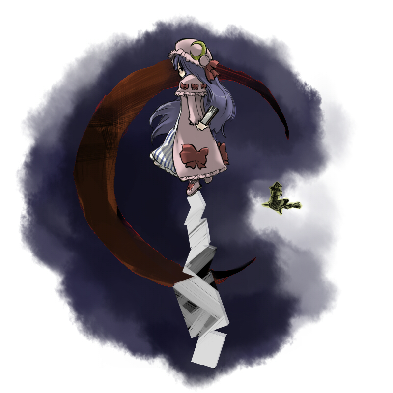 nagio (nagi0), kirisame marisa, patchouli knowledge, touhou, bad id, bad pixiv id, 2girls, broom, broom riding, female focus, flying, hat, long hair, multiple girls, purple hair, standing, standing on one leg
