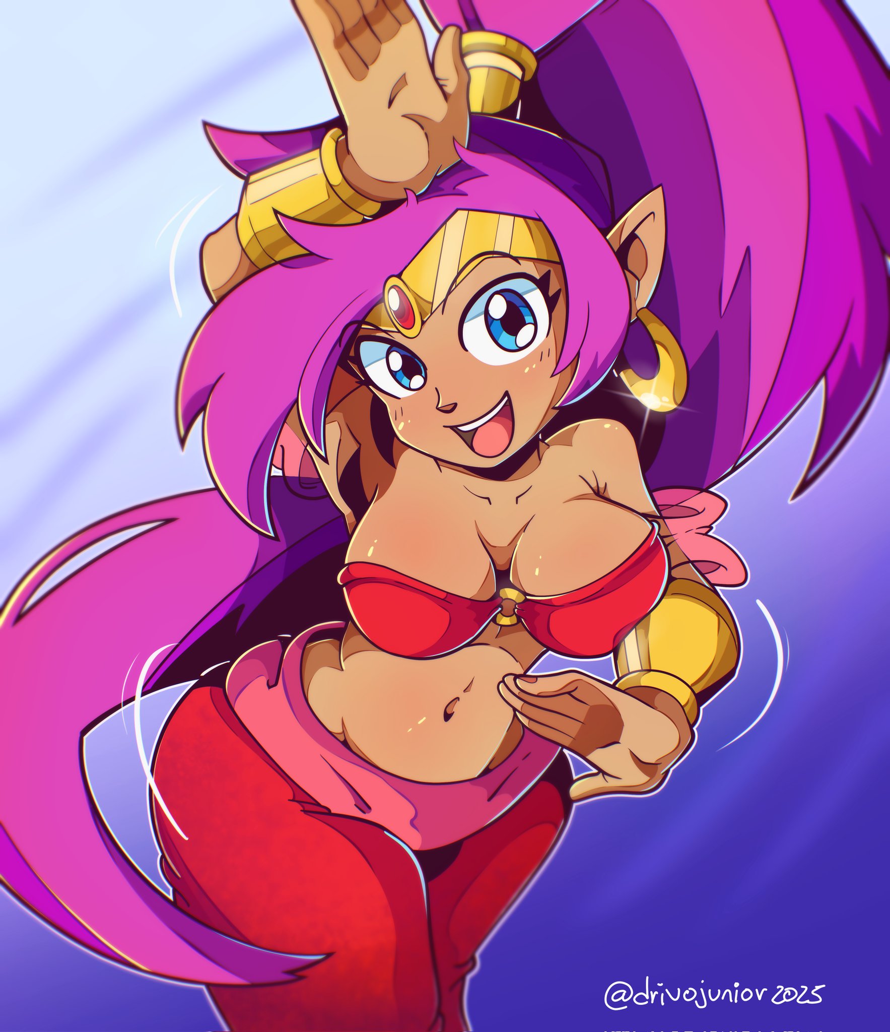 shantae, shantae (series), highres, 1girl, blue eyes, bra, bracelet, breasts, dark-skinned female, dark skin, drivojunior, from above, jewelry, large breasts, long hair, pants, purple hair, teeth, underwear, upper teeth only, very long hair, wide hips
