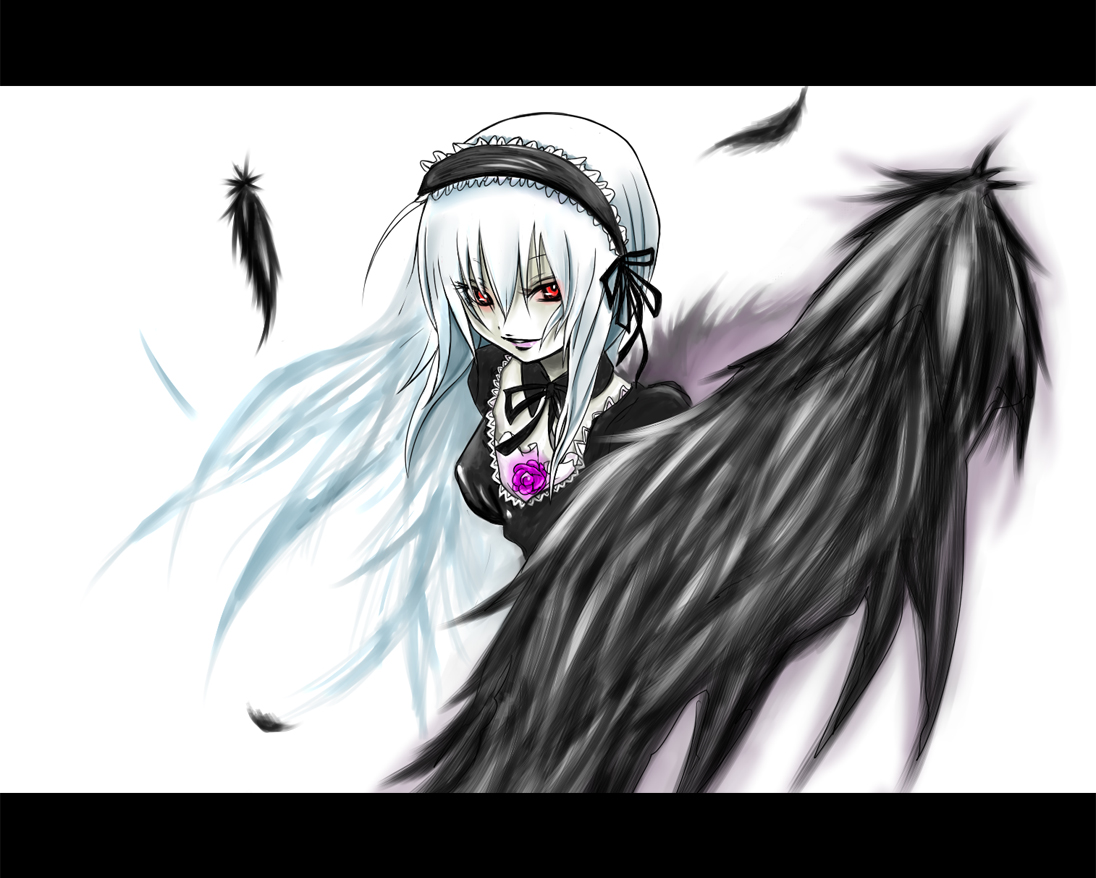 yasagure yukito, suigintou, rozen maiden, bad id, bad pixiv id, 00s, black wings, pale skin, red eyes, solo, white hair, wings