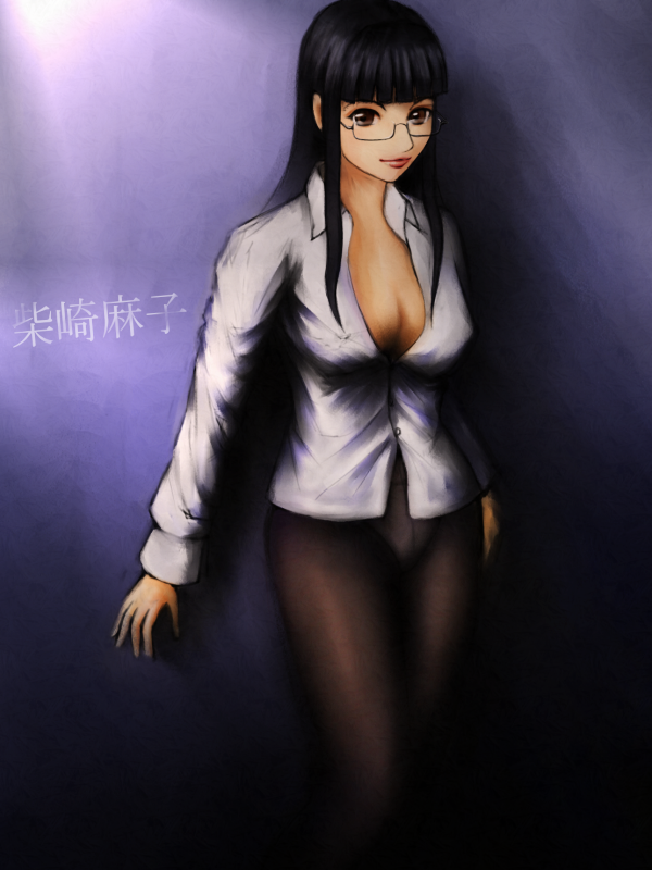 himuro junya, shibasaki asako, toshokan sensou, 00s, 1girl, black hair, breasts, brown eyes, cleavage, crotch seam, female focus, glasses, large breasts, long hair, panties, panties under pantyhose, pantyhose, solo, underwear