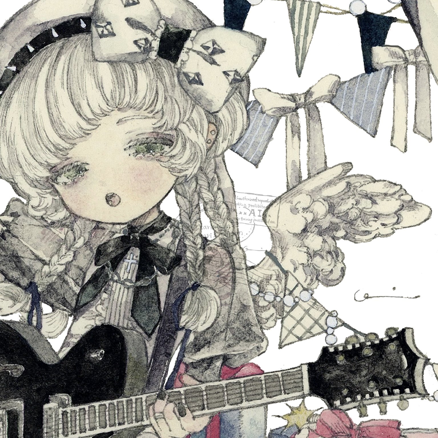 karintoun, original, commentary, highres, painting (medium), symbol-only commentary, traditional media, watercolor (medium), 1girl, angel wings, back ribbon, black nails, black ribbon, bow, bunting, center frills, earrings, feathered wings, frills, green eyes, guitar, hair ribbon, hat, hat bow, holding, holding guitar, holding instrument, instrument, jewelry, long hair, long sleeves, neck ribbon, open mouth, quad braids, ribbon, ring, shirt, solo, stud earrings, tareme, upper body, white bow, white hair, white hat, white ribbon, white shirt, white wings, wings
