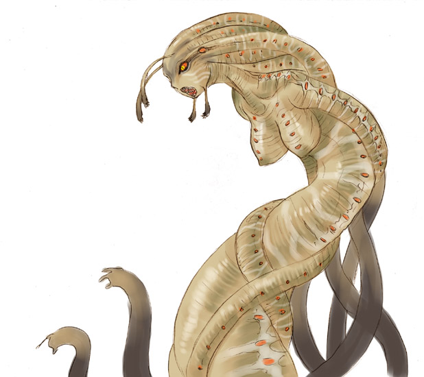 final fantasy, final fantasy xi, 00s, 1girl, breasts, female focus, lamia, large breasts, monster girl, simple background, solo, tentacles, worm