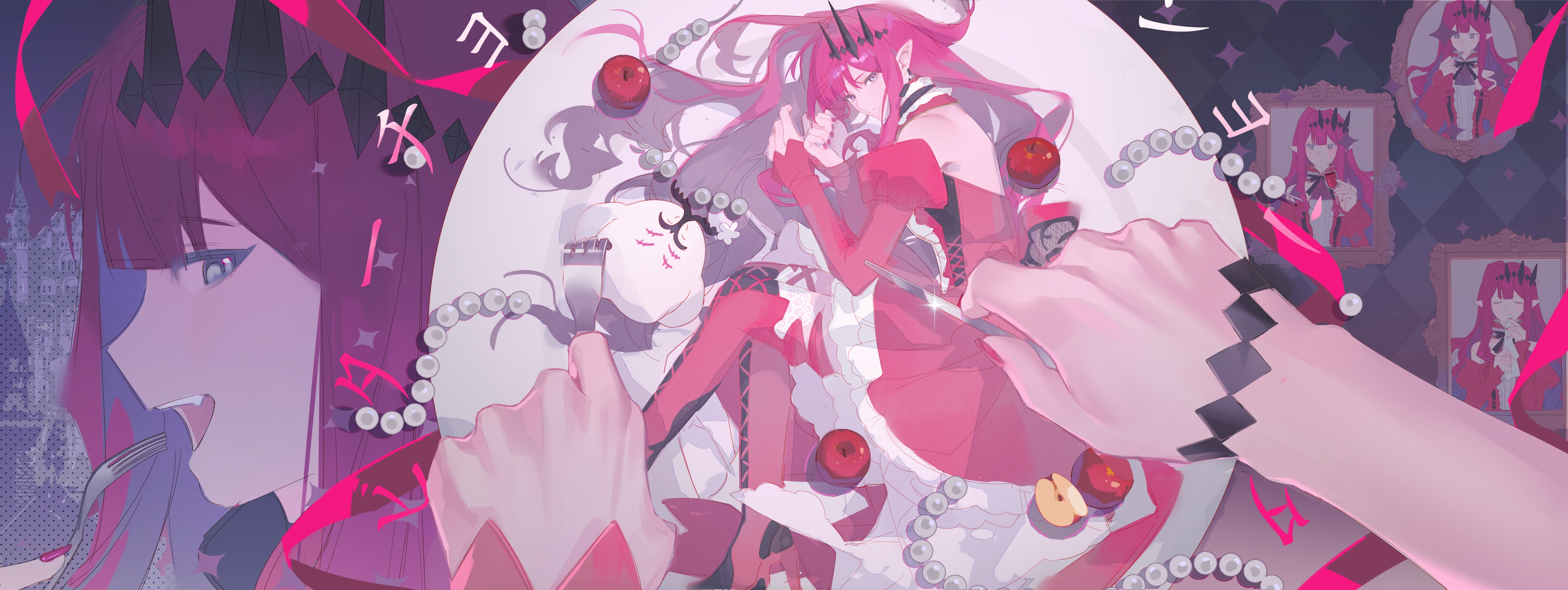 shi yang, baobhan sith (fate), baobhan sith (first ascension) (fate), cernunnos (fate), fate/grand order, fate (series), absurdres, highres, 1girl, boots, detached sleeves, dress, fork, frilled dress, frills, grey eyes, hair ornament, knife, lying, on side, pink hair, plate, pointy ears, red dress, thigh boots