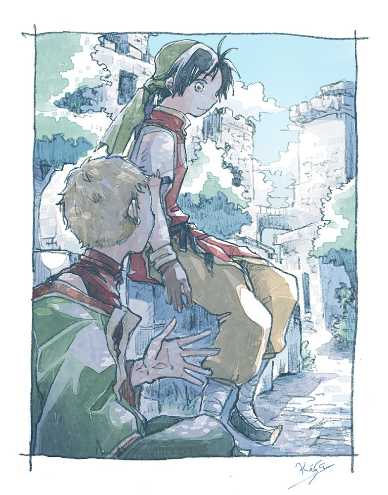 michibata 65, sheena (suikoden), tir mcdohl, gensou suikoden, gensou suikoden i, 2boys, antenna hair, artist name, bandaged leg, bandages, bandana, belt, black belt, black hair, black shoes, blonde hair, border, brown eyes, brown gloves, brown pants, castle, closed mouth, full body, gloves, green bandana, green jacket, jacket, looking at another, male focus, multiple boys, off-shoulder jacket, off shoulder, pants, red tunic, shirt, shoes, short hair, sitting, smile, torn clothes, torn sleeves, tree, tunic, upper body, white border, white shirt