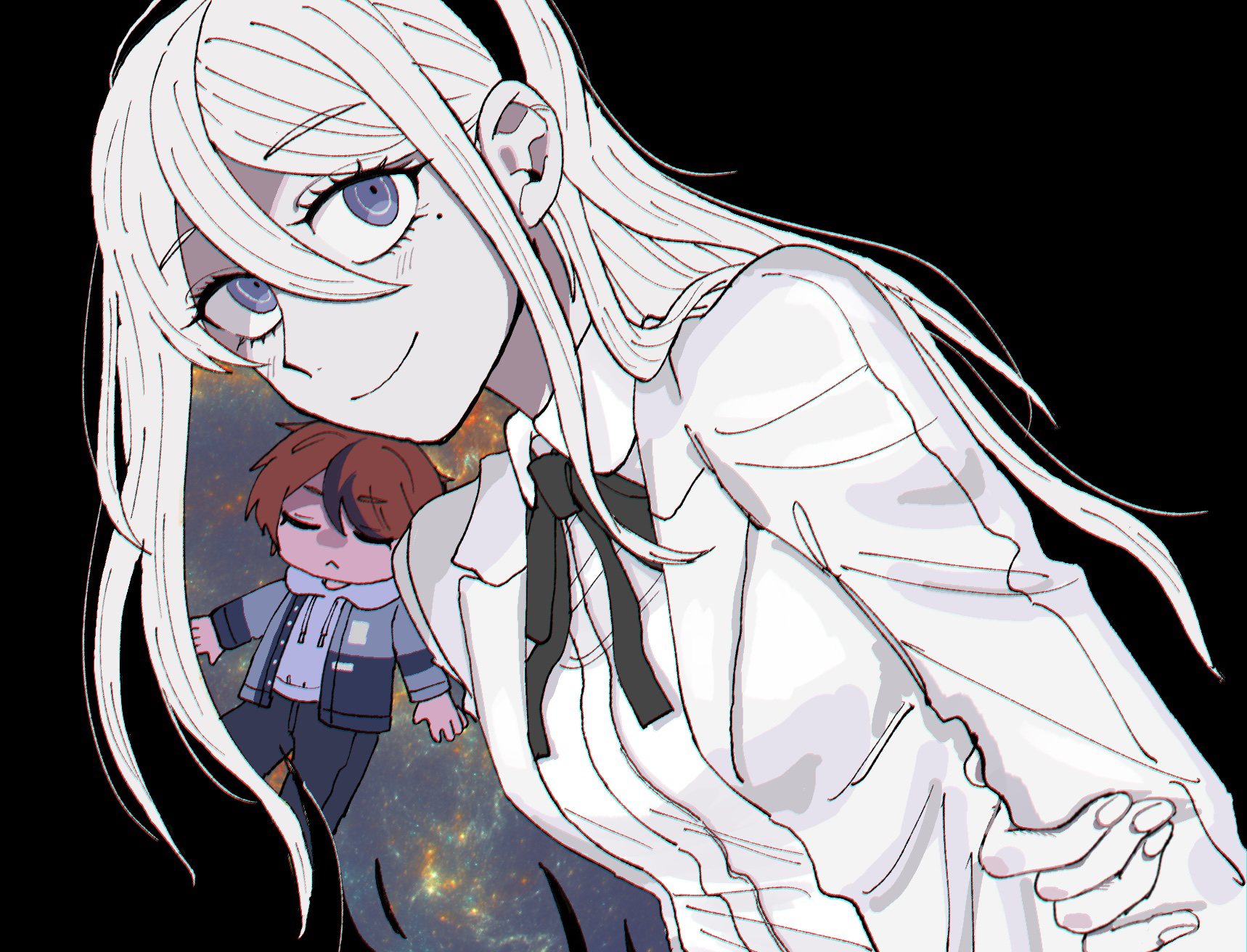 muro (nrvc5252), kashimiya karua, sumino takumi, the hundred line -last defense academy-, highres, 1boy, 1girl, :<, black background, black hairband, black jacket, black pants, black ribbon, black streaks, chibi, closed eyes, collared shirt, floating, grey eyes, grey jacket, hairband, hand on own arm, hood, hoodie, jacket, long hair, looking at viewer, multicolored hair, multicolored jacket, nebula, neck ribbon, pants, red hair, ribbon, shirt, short hair, simple background, smile, streaked hair, two-tone jacket, upper body, white hair, white hoodie, white jacket, white shirt
