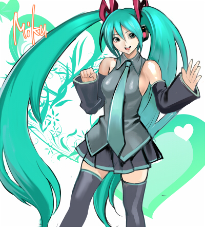 inkey, hatsune miku, vocaloid, lowres, detached sleeves, green eyes, green hair, headphones, long hair, necktie, skirt, solo, thighhighs, twintails, zettai ryouiki