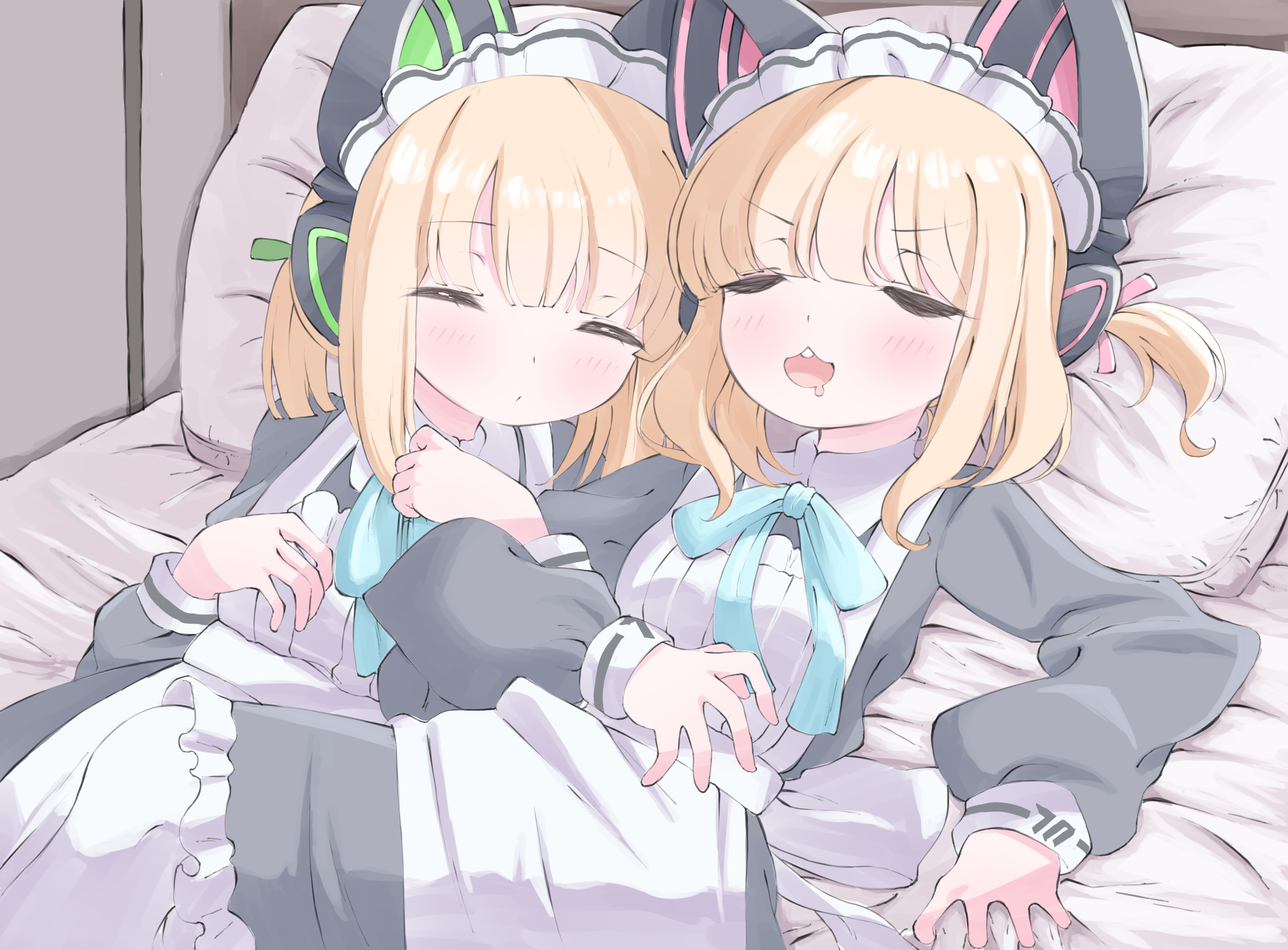 norippe (user zgsf8872), midori (blue archive), midori (maid) (blue archive), momoi (blue archive), momoi (maid) (blue archive), blue archive, commentary request, highres, 2girls, :d, animal ear headphones, animal ears, apron, blonde hair, blue bow, blush, bow, dress, fake animal ears, frilled apron, frilled dress, frills, green ribbon, grey dress, hair ribbon, headphones, indoors, long sleeves, lying, maid, maid apron, maid headdress, multiple girls, on back, on bed, open mouth, pantyhose, pillow, pink ribbon, puffy long sleeves, puffy sleeves, ribbon, siblings, sidelocks, sisters, smile, twins, twintails, white apron, white pantyhose