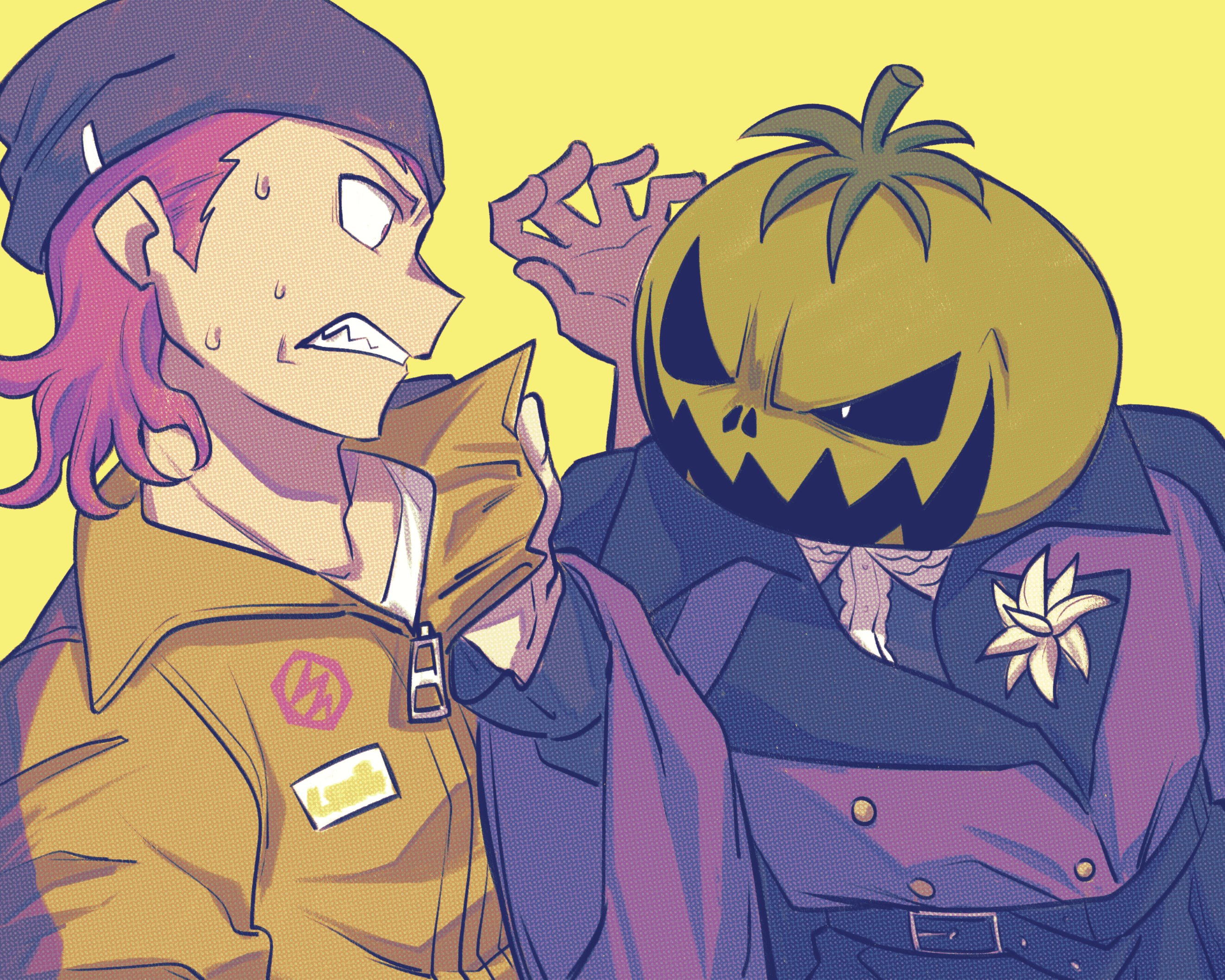 vincent-san, oosuzuki kurara, soda kazuichi, danganronpa (series), danganronpa 2: goodbye despair, the hundred line -last defense academy-, highres, 1boy, 1girl, adam's apple, arm up, beanie, belt, belt buckle, black belt, black hat, buckle, buttons, coat, collared coat, crossover, double-breasted, eye contact, hair behind ear, hat, jumpsuit, looking at another, mask, masked, nervous sweating, pink hair, shirt, short sideburns, simple background, sweat, tomato, uneven eyes, upper body, white shirt, wing collar, yellow background, yellow jumpsuit, zipper pull tab