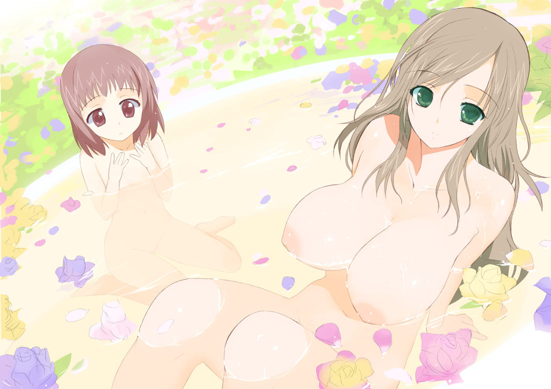 kusaka souji, amatsuka miharu, amatsuka sakura, baby princess, 10s, 2girls, barefoot, breast envy, breasts, brown eyes, brown hair, flat chest, floating breasts, flower, green eyes, huge breasts, kneeling, long hair, multiple girls, nipples, nude, petals, pool, purple eyes, purple hair, short hair, sitting, smile, wading