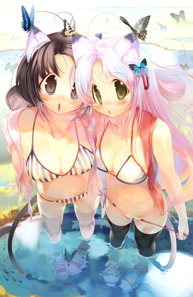 hanpen, puus, original, black legwear, 2girls, :o, animal ears, bikini, black eyes, black hair, breasts, bug, butterfly, cat ears, cat tail, cleavage, from above, green eyes, insect, long hair, medium breasts, multiple girls, pink hair, shoes, sneakers, striped bikini, striped clothes, swimsuit, tail, thighhighs, vertical-striped bikini, vertical-striped clothes, wading, water