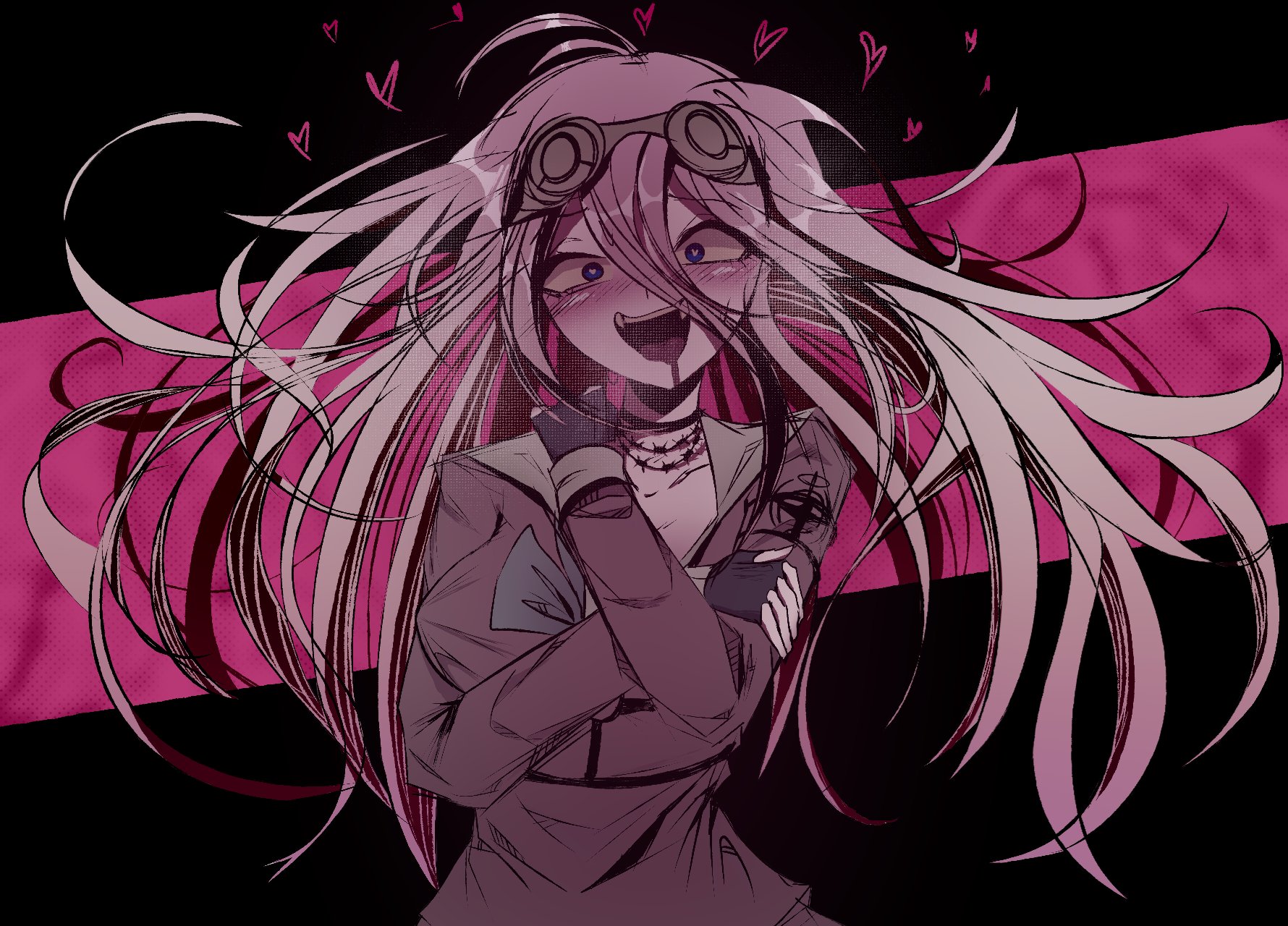 killucky0, iruma miu, danganronpa (series), danganronpa v3: killing harmony, hashtag-only commentary, highres, 1girl, barbed wire, blue eyes, blush, bright pupils, choker, collared shirt, crazy eyes, crazy smile, drooling, fangs, fingerless gloves, floating hair, gloves, goggles, goggles on head, hair between eyes, hand on own arm, hand on own shoulder, heart, heart-shaped pupils, long hair, long sleeves, looking at viewer, mouth drool, shirt, smile, solo, straight-on, symbol-shaped pupils, upper body, white pupils