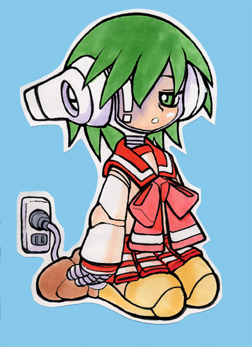 izuna yoshitsune, multi (to heart), leaf (studio), to heart, to heart (series), archived source, bad link, lowres, traditional media, 1girl, android, aqua background, arms at sides, blouse, bow, bowtie, brown shoes, cable, contrast collar, electrical outlet, full body, green eyes, green hair, hair over one eye, helmet, joints, long sleeves, looking at viewer, lowered eyelids, mecha musume, mechanical arms, mechanical ears, mechanical hands, mechanical head, mechanical legs, mechanical neck, mechanical shoes, mechanical skirt, miniskirt, one eye covered, outline, parted lips, pink bow, pink bowtie, pleated skirt, powering up, red sailor collar, red skirt, robot ears, robot girl, robot joints, sailor collar, school uniform, seiza, shirt, shoes, simple background, sitting, skirt, solo, teeth, thighhighs, white outline, white sleeves, yellow thighhighs