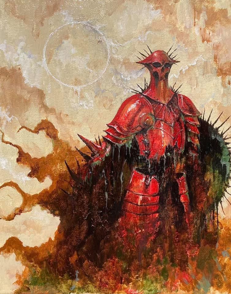 original, painting (medium), traditional media, 1other, alexandre chaudret, armor, helmet, knight, mask, pauldrons, red armor, shoulder armor, skull mask, solo, spiked armor, spiked shield, standing, tassets