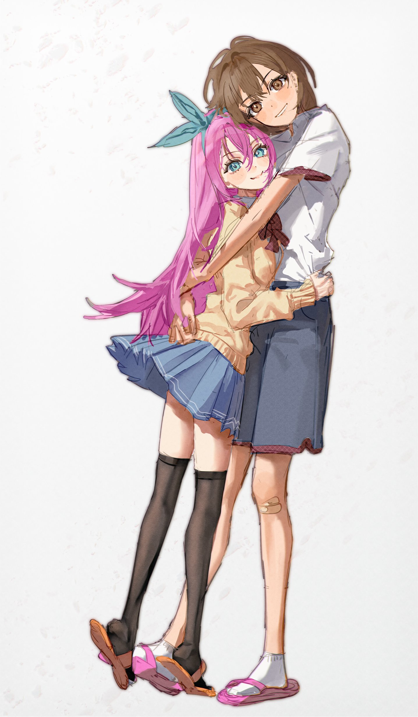 aubrey (faraway) (omori), aubrey (omori), kel (faraway) (omori), kel (omori), omori, absurdres, highres, 1boy, 1girl, bandaid, bandaid on knee, bandaid on leg, black thighhighs, blue eyes, blue hairband, blue skirt, blush, brown cardigan, brown eyes, brown hair, cardigan, closed mouth, collared shirt, double-parted bangs, grey shorts, hairband, hug, hvh uu, long hair, long sleeves, looking at viewer, orange sandals, pink hair, pink sandals, pleated skirt, sandals, shirt, short hair, short sleeves, shorts, simple background, sketch, skirt, smile, socks, thighhighs, white background, white shirt, white socks