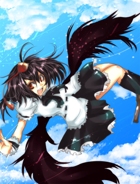 tamamozo, shameimaru aya, touhou, 1girl, black wings, blush, cloud, day, female focus, hat, looking at viewer, open mouth, red eyes, sky, smile, solo, wings