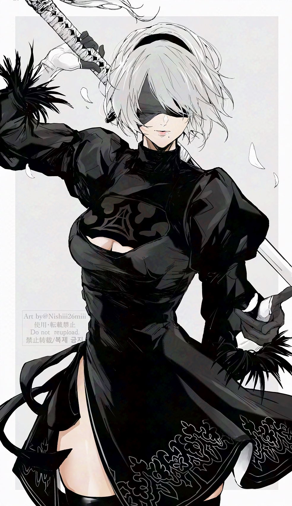 nishiii26miii, 2b (nier:automata), nier:automata, nier (series), commentary request, highres, 1girl, blindfold, border, breasts, cleavage cutout, closed mouth, clothing cutout, dress, feather trim, gloves, grey background, hair ornament, hairband, holding, holding sword, holding weapon, katana, lips, long sleeves, medium breasts, mole, mole under mouth, petals, puffy sleeves, short hair, solo, sword, thighs, turtleneck, weapon, white border