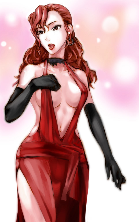 fura, brigitte stark, senjou no valkyria (series), senjou no valkyria 1, 00s, 1girl, black gloves, breasts, choker, cleavage, covered erect nipples, dress, earrings, elbow gloves, evening gown, female focus, gloves, hair down, jewelry, large breasts, lipstick, long hair, makeup, navel, red eyes, red hair, side slit, sideboob, solo