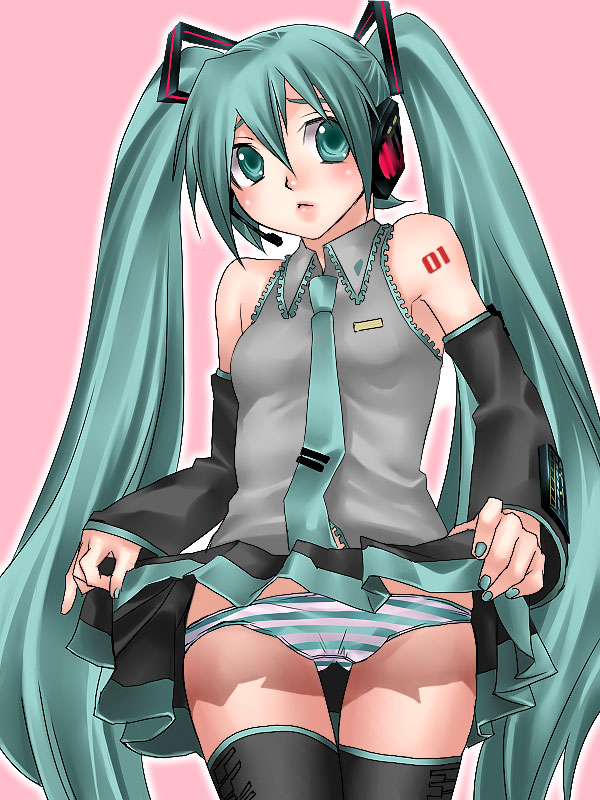 makuro, hatsune miku, vocaloid, bad id, bad pixiv id, blue eyes, blue hair, clothes lift, long hair, necktie, panties, skirt, skirt lift, solo, striped clothes, striped panties, thigh gap, thighhighs, thighs, twintails, underwear