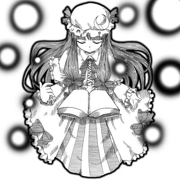 yanagihara tantoui, patchouli knowledge, touhou, 1girl, book, closed eyes, dress, female focus, full body, greyscale, hat, long hair, monochrome, ribbon, solo, white background