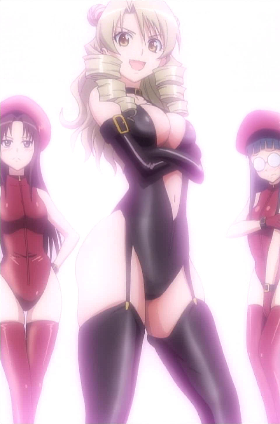 fujisaki aya (to love-ru), kujou rin, tenjouin saki, to love-ru, anime screenshot, highres, stitched, third-party edit, 00s, 3girls, bdsm, blonde hair, breasts, choker, cleavage, dominatrix, drill hair, glasses, gloves, hat, leotard, multiple girls, thighhighs