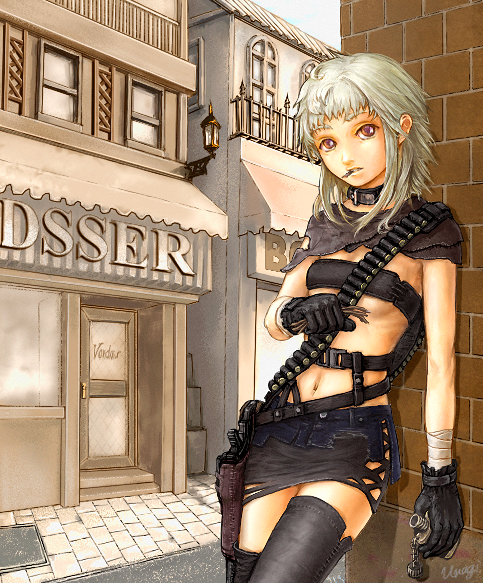 unagi (sougansouji), original, bandolier, belt, blonde hair, collar, eating, flask, gloves, gun, hip flask, holster, navel, purple eyes, solo, thighhighs, weapon