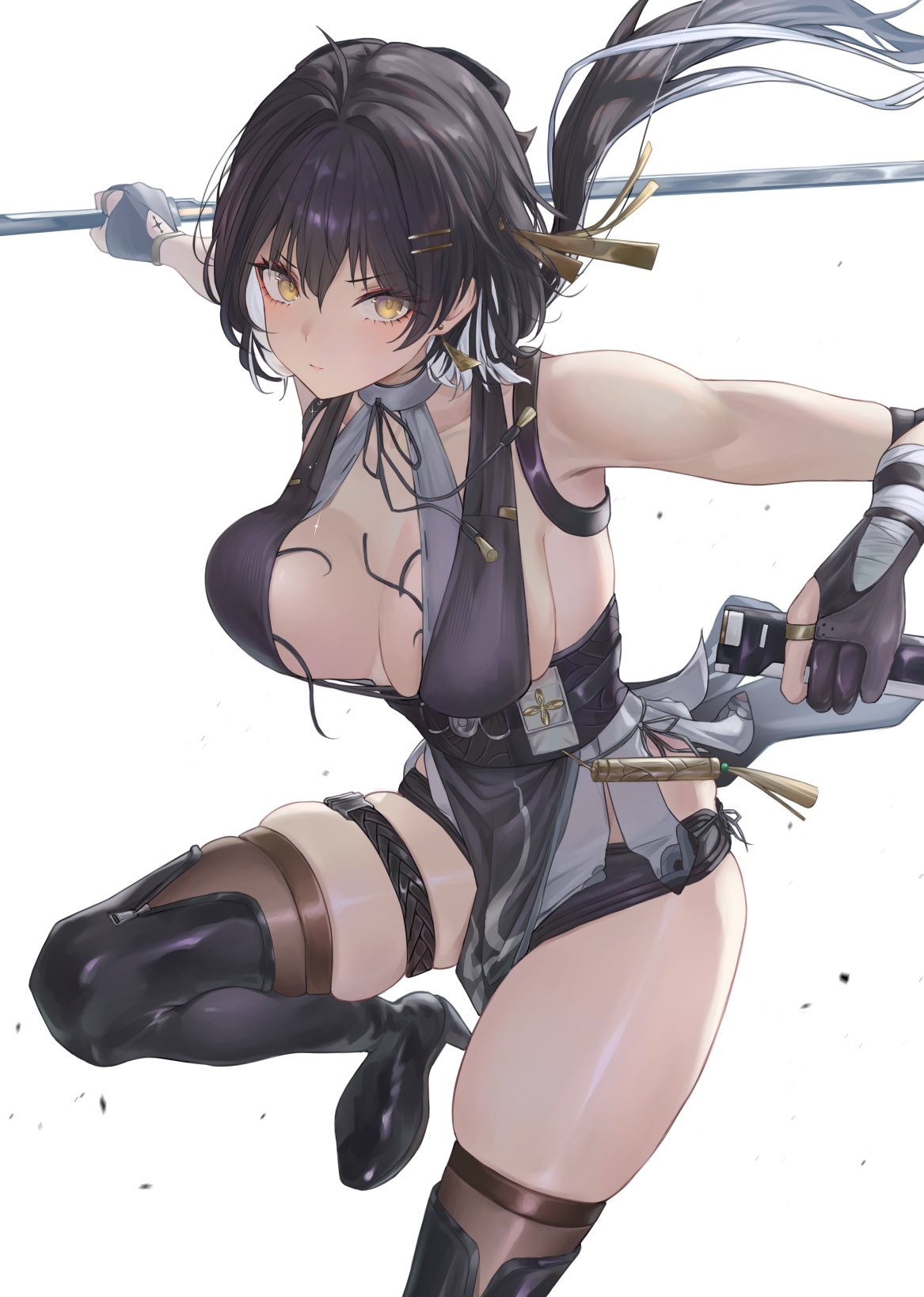 renge (730), female rover (wuthering waves), rover (wuthering waves), wuthering waves, highres, 1girl, bare shoulders, black boots, black gloves, black hair, black thighhighs, boots, breasts, closed mouth, earrings, gloves, hair ornament, hairclip, high heel boots, high heels, holding, holding sword, holding weapon, jewelry, large breasts, long hair, looking at viewer, simple background, solo, sword, thigh boots, thigh strap, thighhighs, thighhighs under boots, thighs, weapon, white background, yellow eyes