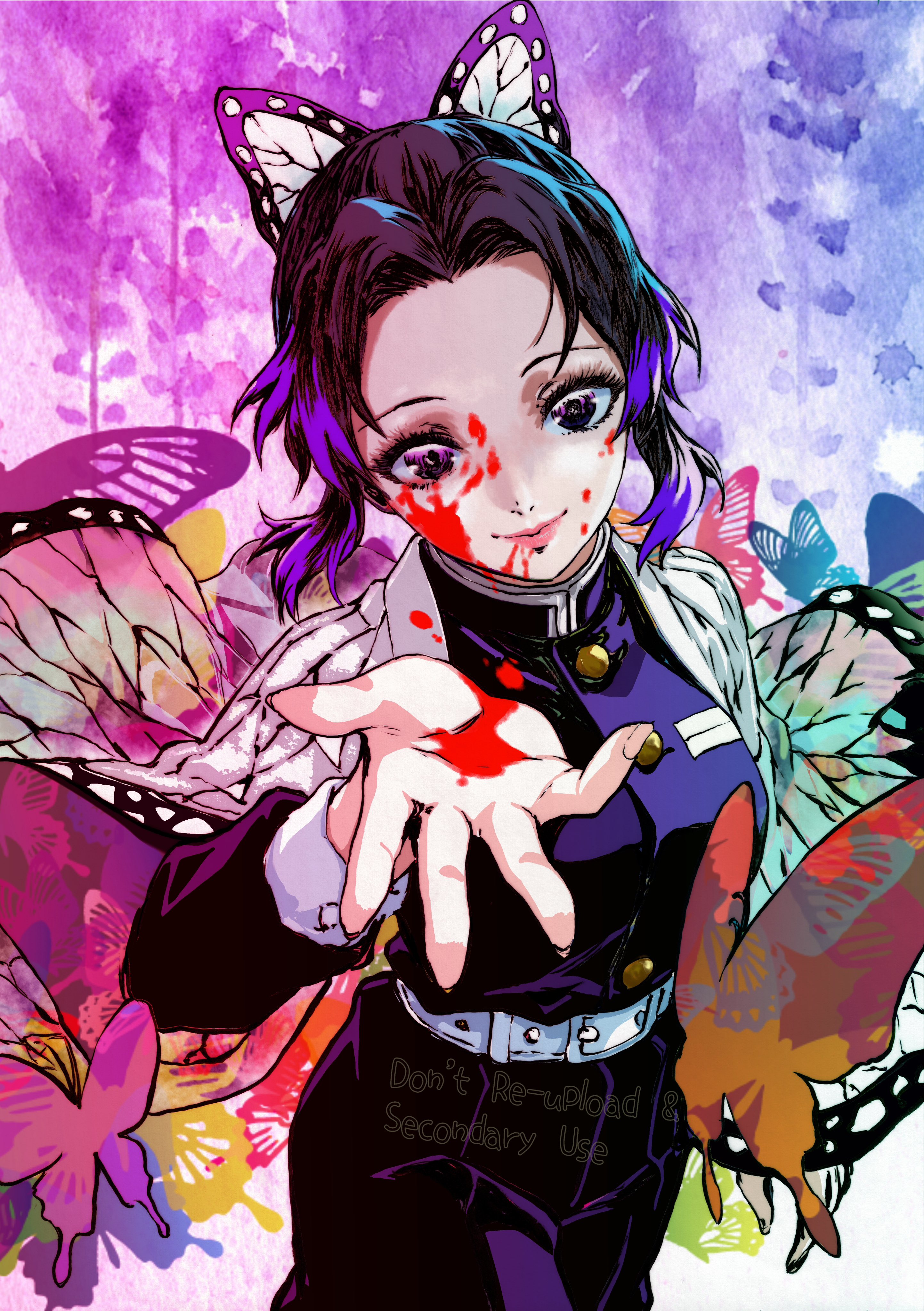 oeilvert fft, kochou shinobu, kimetsu no yaiba, absurdres, highres, 1girl, animal print, belt, black hair, black jacket, black pants, blood, blood on face, blood on hands, breasts, bug, butterfly, butterfly hair ornament, butterfly print, closed mouth, demon slayer uniform, gold buttons, hair ornament, haori, insect, jacket, japanese clothes, looking at viewer, medium breasts, medium hair, multicolored hair, outstretched hand, pants, parted bangs, print haori, purple eyes, purple hair, sidelocks, smile, solo, two-tone hair, white belt
