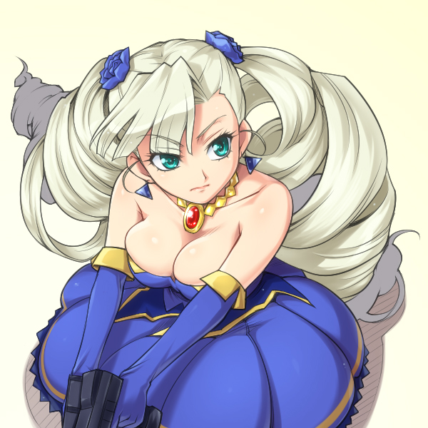 hairu, petra johanna lagerkvist, aq interactive, arcana heart, arcana heart 2, atlus, examu, 1girl, alternate color, alternate hair color, aqua eyes, bare shoulders, blue dress, blue flower, blue rose, breasts, cleavage, dress, drill hair, dual wielding, earrings, elbow gloves, female focus, flower, from above, gloves, green eyes, gun, hair flower, hair ornament, holding, jewelry, large breasts, long hair, necklace, pendant, player 2, rose, solo, twin drills, twintails, very long hair, weapon, white background, white hair