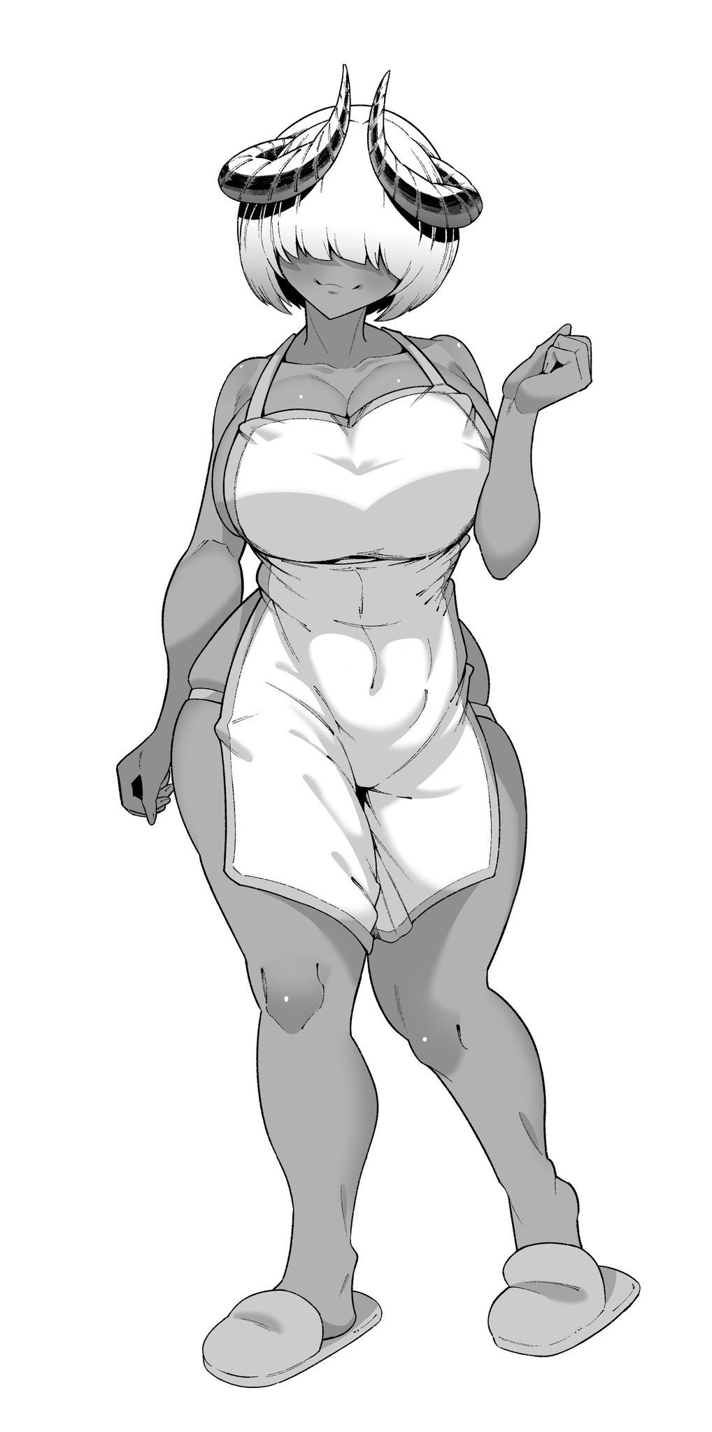 zonberu tsukiji, original, commentary request, highres, 1girl, apron, bob cut, breasts, cleavage, covered navel, curled horns, curvy, dark-skinned female, dark skin, full body, greyscale, hair over eyes, horns, huge breasts, monochrome, naked apron, short hair, slippers, smile, solo