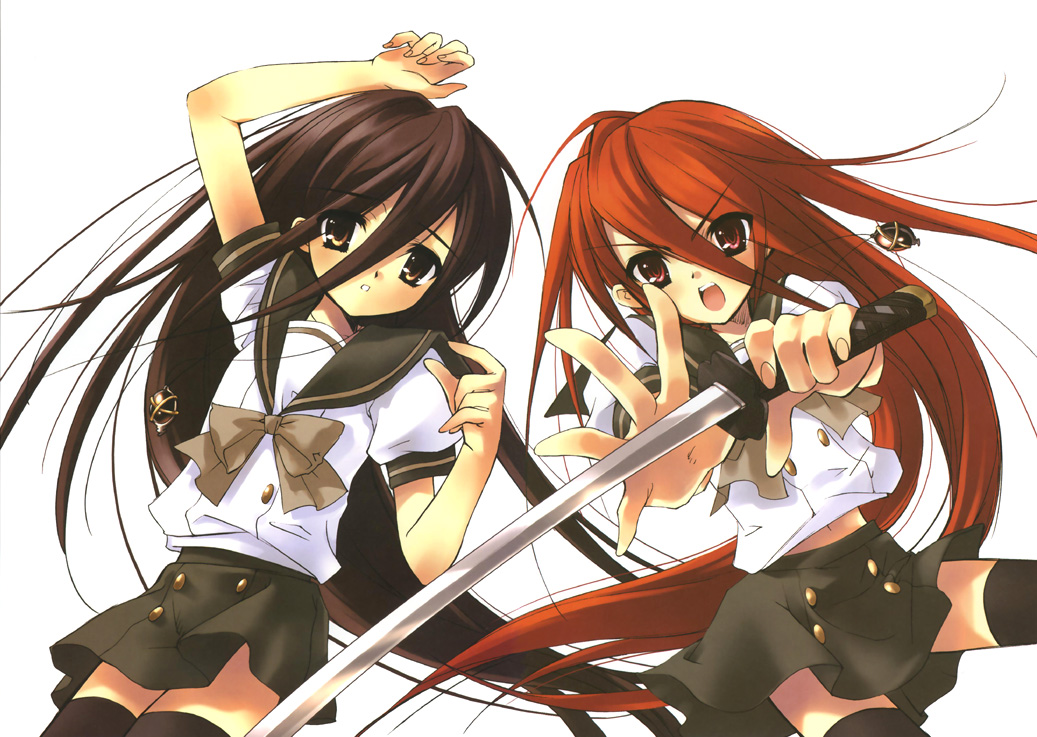 ito noizi, alastor (shakugan no shana), shana, shakugan no shana, black legwear, 00s, 2girls, black hair, brown eyes, dual persona, jewelry, long hair, multiple girls, pendant, red eyes, red hair, school uniform, serafuku, sword, thighhighs, time paradox, weapon
