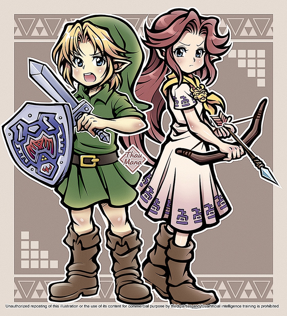 thaumana, link, malon, nintendo, the legend of zelda, the legend of zelda: majora's mask, 1boy, 1girl, arrow (projectile), belt buckle, blonde hair, blush, boots, bow (weapon), brown background, brown boots, brown hair, buckle, dress, fighting stance, frown, full body, furrowed brow, green hat, green tunic, hat, holding, holding arrow, holding bow (weapon), holding shield, holding sword, holding weapon, long hair, neckerchief, open mouth, parted bangs, phrygian cap, pointy ears, shield, short hair, short sleeves, sidelocks, sword, triforce, tunic, weapon, white dress, yellow neckerchief