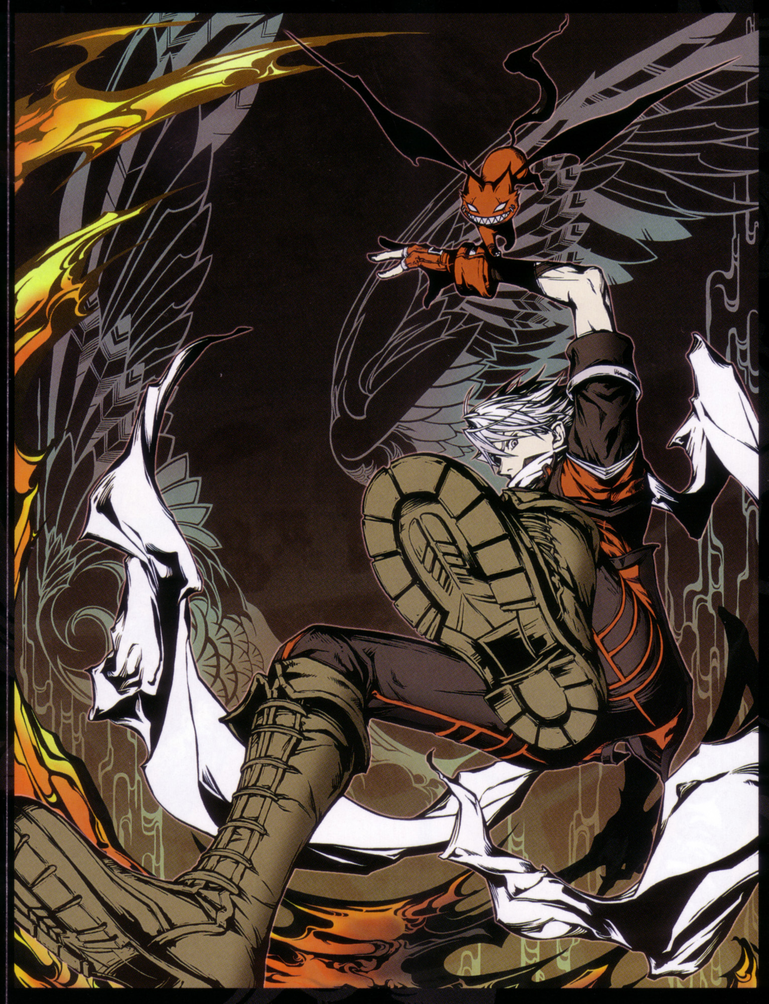 feel, toto (over zenith), over zenith, highres, boots, gloves, scarf, weapon, wings