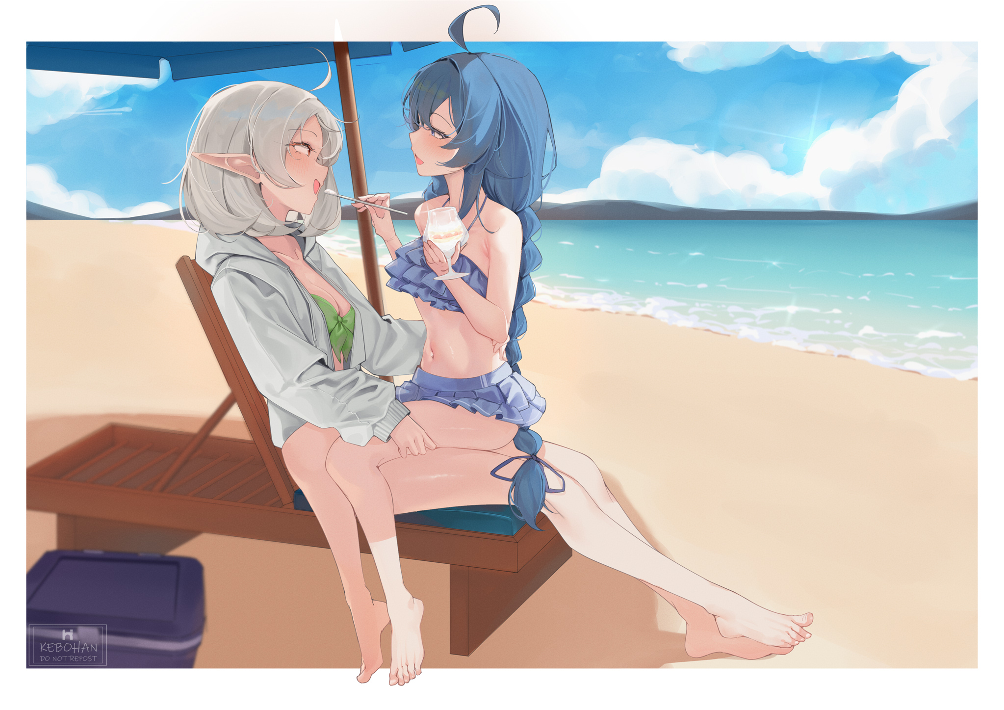 kebohan, roxy migurdia, sylphiette (mushoku tensei), mushoku tensei, highres, 2girls, ahoge, armpit crease, barefoot, beach, beach chair, beach umbrella, bikini, blue bikini, blue eyes, blue hair, blush, braid, braided ponytail, breasts, cleavage, cooler, cup, feeding, frilled bikini, frills, from side, full body, holding, holding cup, ice cream cup, jacket, long hair, long pointy ears, looking at another, looking at viewer, medium breasts, mountainous horizon, multiple girls, ocean, open mouth, pointy ears, short hair, sitting, sitting on lap, sitting on person, smile, swimsuit, toes, umbrella, very long hair, white hair, white jacket, yuri
