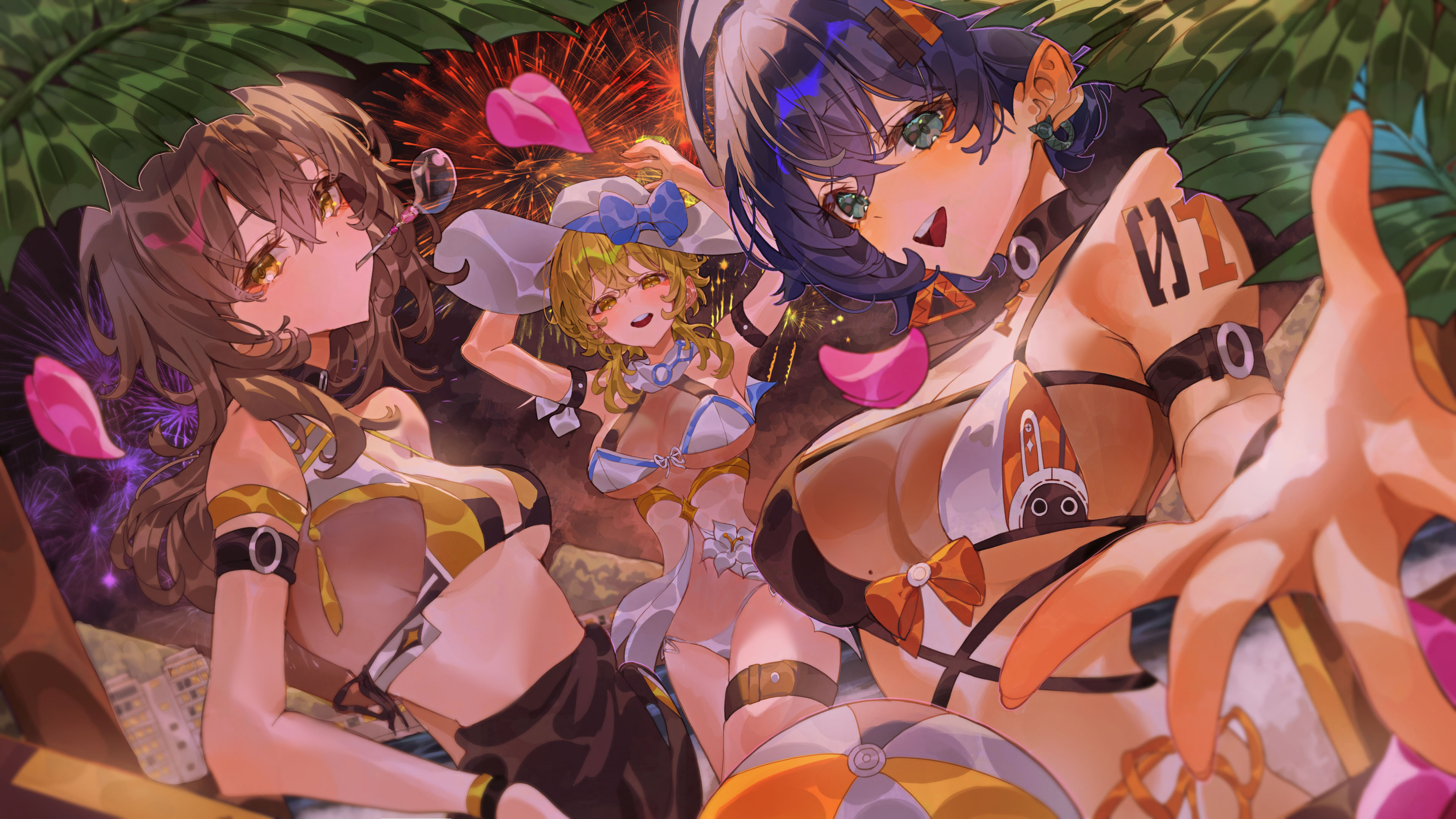 indol, belle (zenless zone zero), lumine (genshin impact), stelle (honkai: star rail), trailblazer (honkai: star rail), genshin impact, honkai: star rail, honkai (series), mihoyo, zenless zone zero, absurdres, commentary request, highres, revision, 3girls, aerial fireworks, alternate costume, arm tattoo, ball, bare shoulders, beachball, belt, bikini, black choker, black sarong, blonde hair, blowing bubbles, blue hair, breasts, choker, covered erect nipples, fireworks, green eyes, grey hair, hat, large breasts, long hair, medium breasts, multicolored bikini, multiple girls, night, night sky, open mouth, reaching, reaching towards viewer, sarong, short hair, short hair with long locks, sky, stomach, sun hat, swimsuit, tattoo, teeth, thigh belt, thigh strap, thighs, two-tone bikini, underboob, upper teeth only, white bikini, yellow eyes