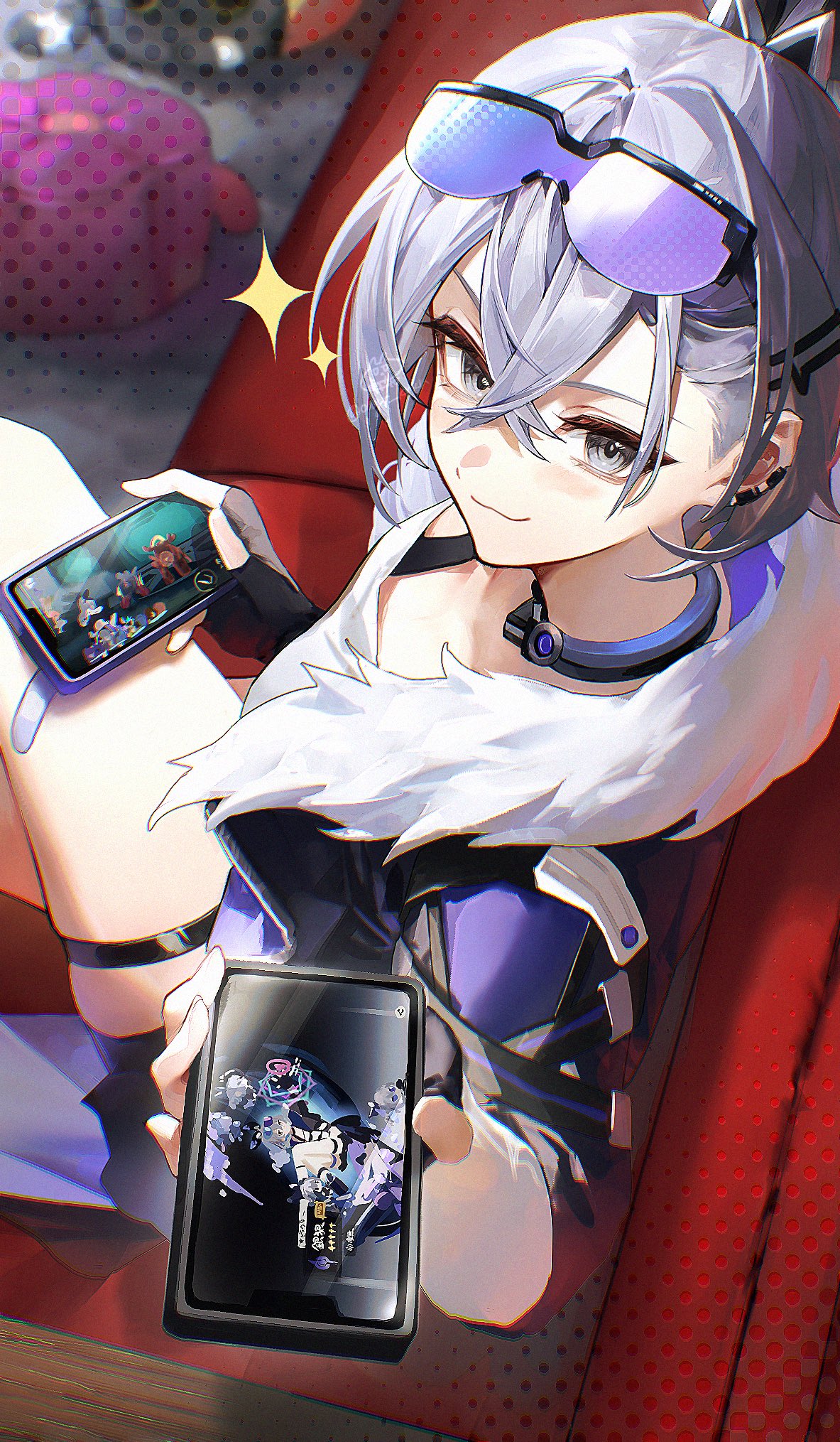 nogi (nokisaki), silver wolf (honkai: star rail), honkai: star rail, honkai (series), commentary request, highres, 1girl, black bra, black gloves, black jacket, black shorts, bra, breasts, cellphone, choker, closed mouth, collarbone, couch, cowboy shot, crossed bangs, earrings, eyewear on head, fingerless gloves, fur-trimmed jacket, fur trim, gloves, goggles, goggles on head, gradient-tinted eyewear, grey eyes, grey hair, hair between eyes, hair ornament, hairclip, halftone, holding, jacket, jewelry, long hair, looking at viewer, on couch, phone, playing games, ponytail, pov, purple-tinted eyewear, shirt, short shorts, shorts, sitting, small breasts, smile, solo, sparkle, thigh strap, tinted eyewear, underwear, watermark, white shirt