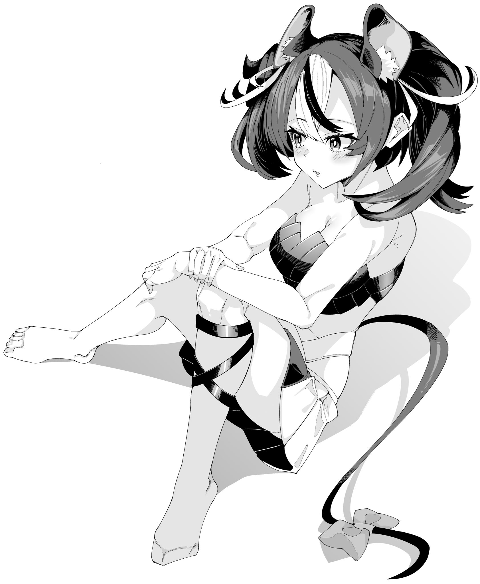 zonberu tsukiji, hakos baelz, hololive, hololive english, commentary request, highres, 1girl, alternate breast size (larger), animal ears, bow, breasts, cleavage, full body, large breasts, miniskirt, mouse ears, mouse girl, mouse tail, multicolored hair, pleated skirt, single sock, skirt, socks, solo, strapless, tail, tail bow, tail ornament, tube top, twintails