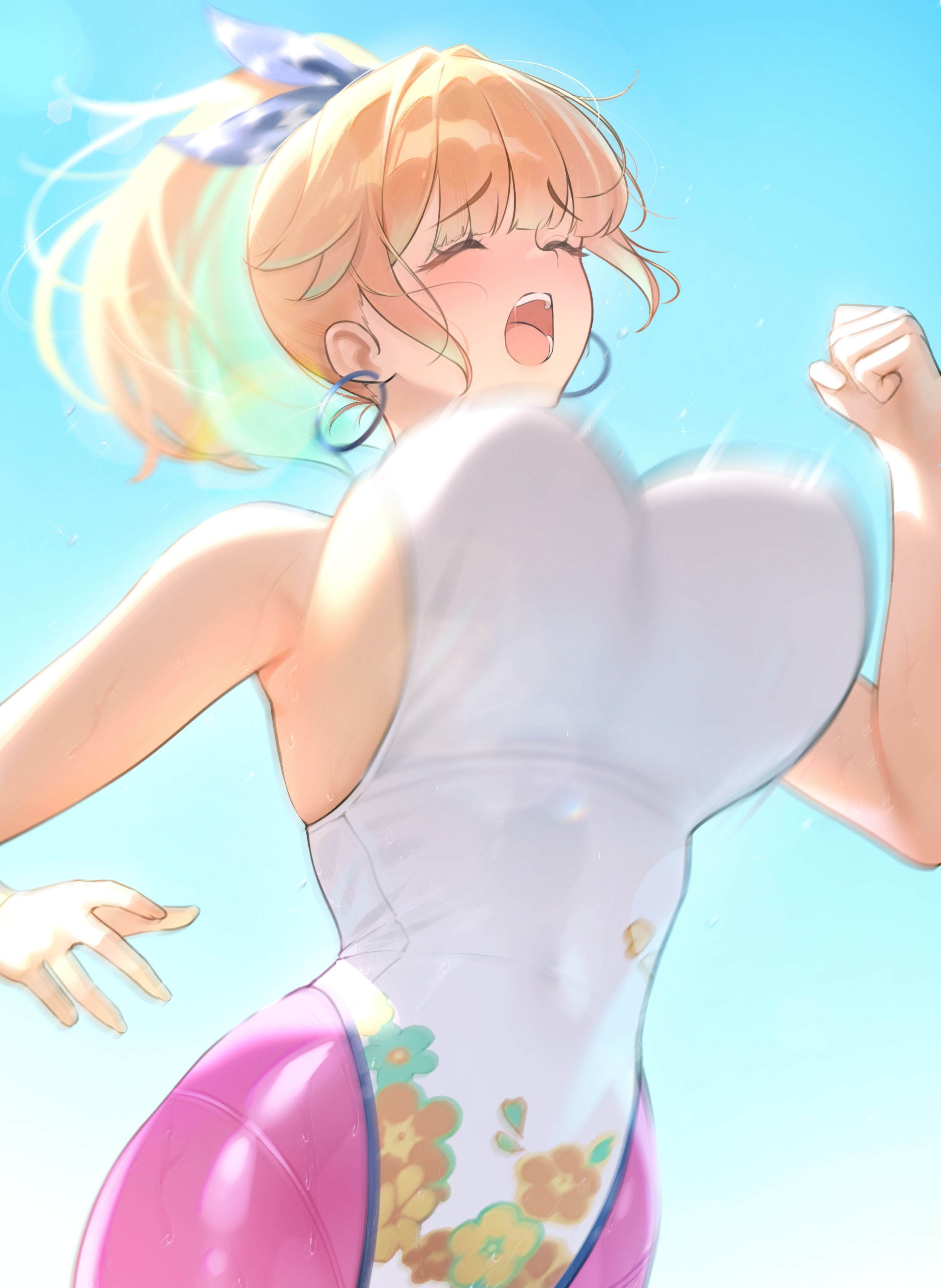 prab, takanashi kiara, takanashi kiara (fever night), hololive, hololive english, absurdres, commentary, english commentary, highres, 1girl, bare arms, blue ribbon, blue sky, bouncing breasts, breasts, closed eyes, colored inner hair, earrings, floral print leotard, green hair, hair ribbon, highleg, highleg leotard, hoop earrings, jewelry, large breasts, leggings, leotard, motion blur, multicolored hair, official alternate costume, official alternate hairstyle, open mouth, orange hair, outdoors, pink leggings, ribbon, running, short hair, sky, solo, virtual youtuber, white leotard