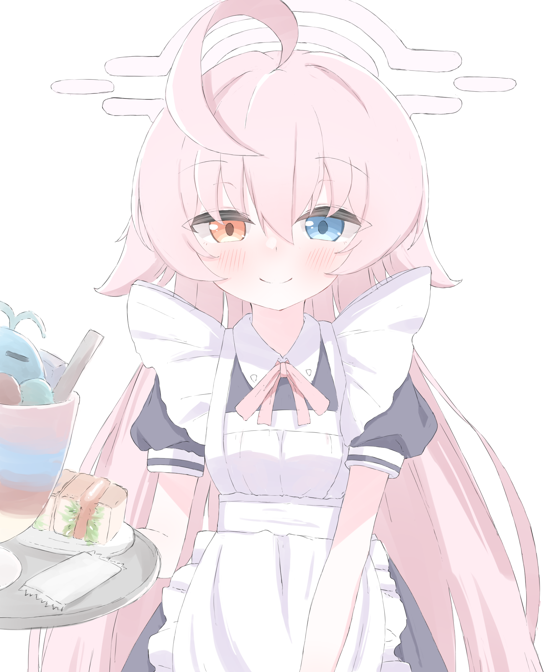 norippe (user zgsf8872), hoshino (blue archive), blue archive, commentary request, highres, 1girl, ahoge, alternate costume, apron, black dress, blue eyes, blush, bow, closed mouth, collared dress, dress, enmaided, food, frilled apron, frills, hair between eyes, halo, heterochromia, holding, holding tray, long hair, maid, orange eyes, pink bow, pink hair, puffy short sleeves, puffy sleeves, short sleeves, simple background, smile, solo, tray, very long hair, white apron, white background