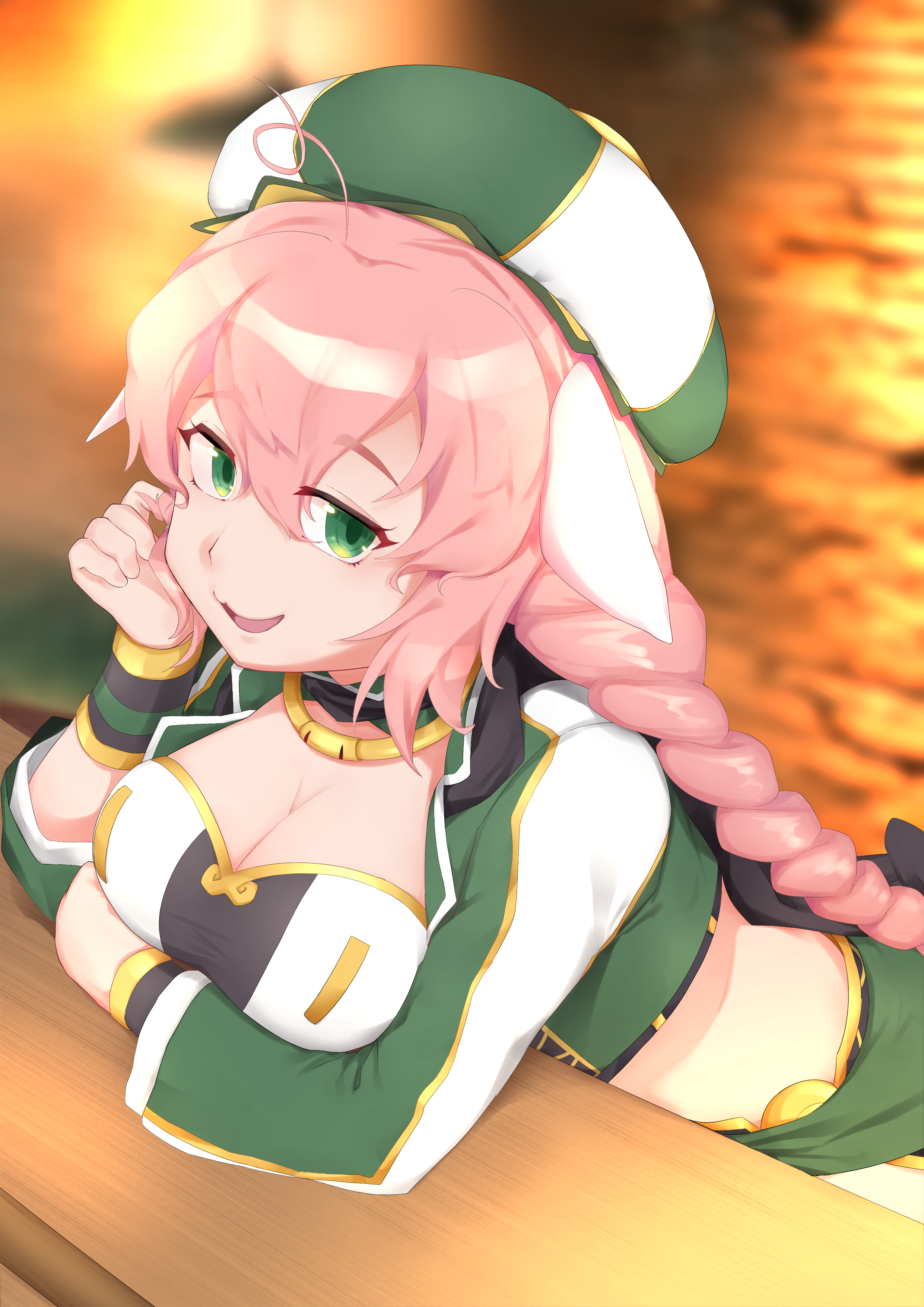 gyuunyuu no chikara, zhu bajie (grimms notes), grimms notes, 1girl, braid, breasts, green eyes, head rest, large breasts, looking at viewer, pink hair, solo