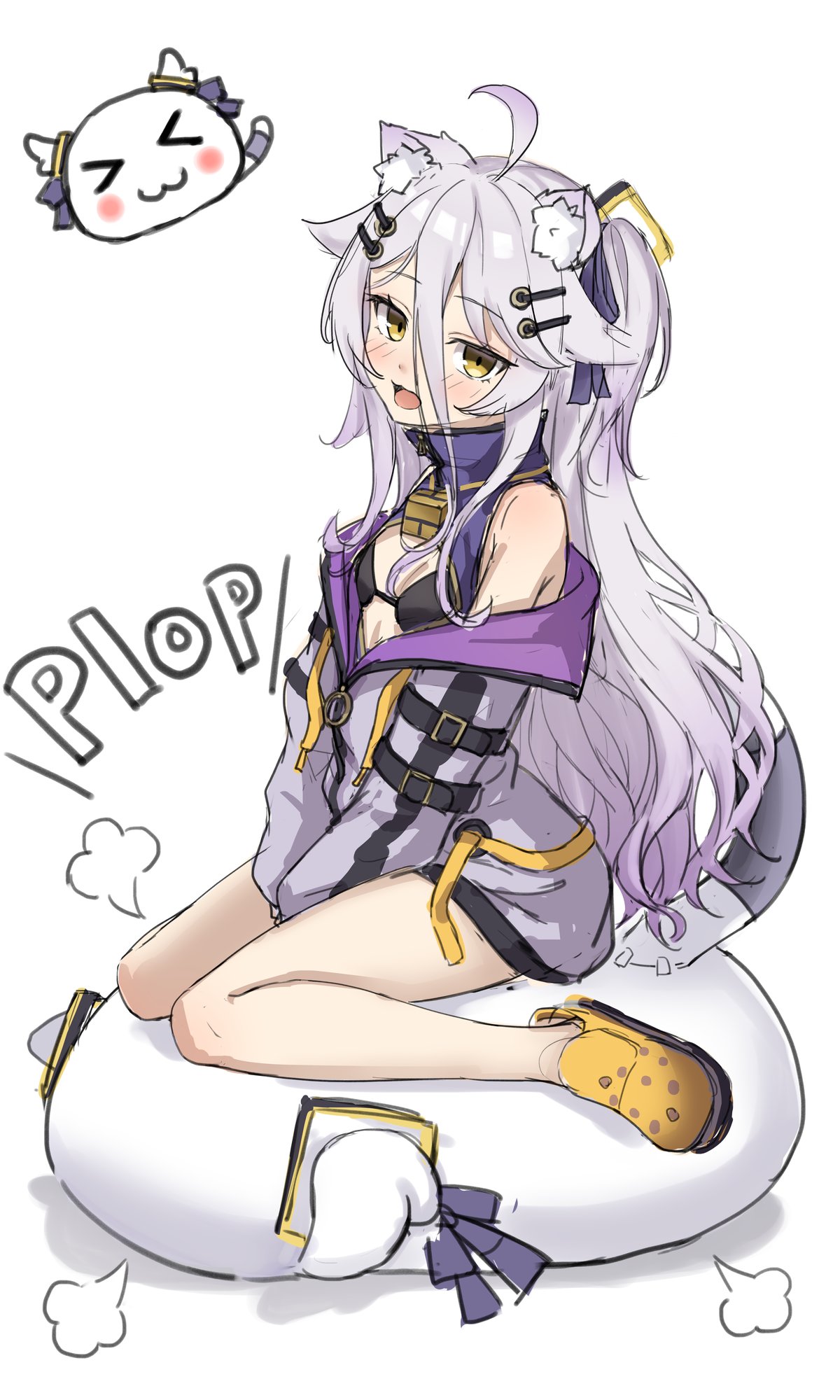 ryuudog, henya the genius, henya the genius (1st costume), indie virtual youtuber, highres, 1girl, ahoge, animal ear fluff, animal ears, black bra, blush, bra, breasts, cat ears, cleavage, crocs, dress, grey hair, hair flaps, hair ornament, hairpin, hen squad (henya the genius), long hair, open mouth, purple dress, shoes, sleeveless, sleeveless dress, small breasts, smile, solo, turtleneck, turtleneck dress, underwear, very long hair, virtual youtuber, yellow shoes
